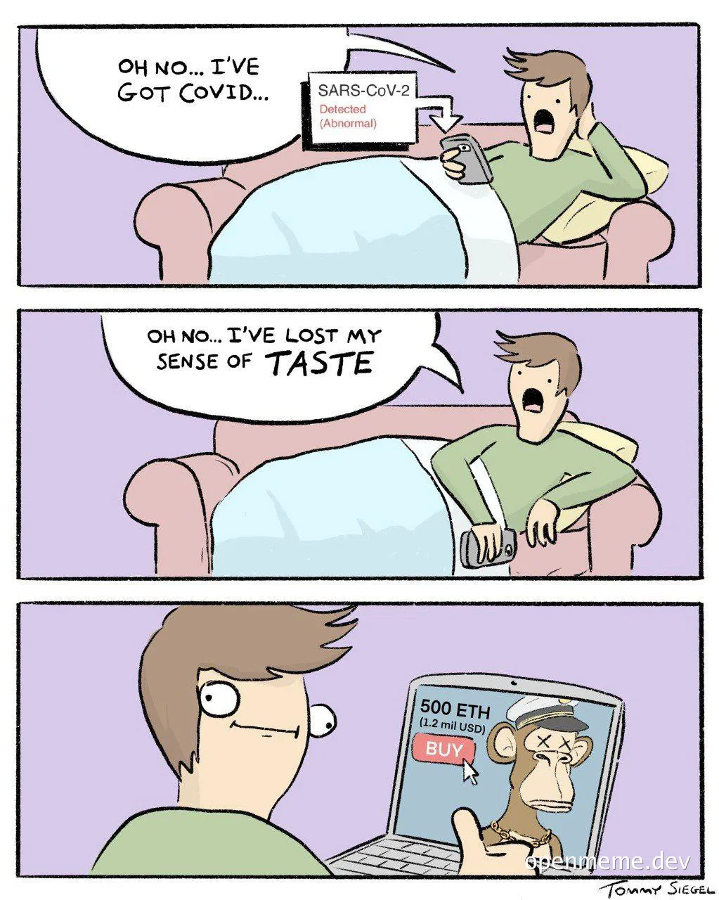 Cartoon of a man with Covid losing sense of taste and then looking at an expensive NFT