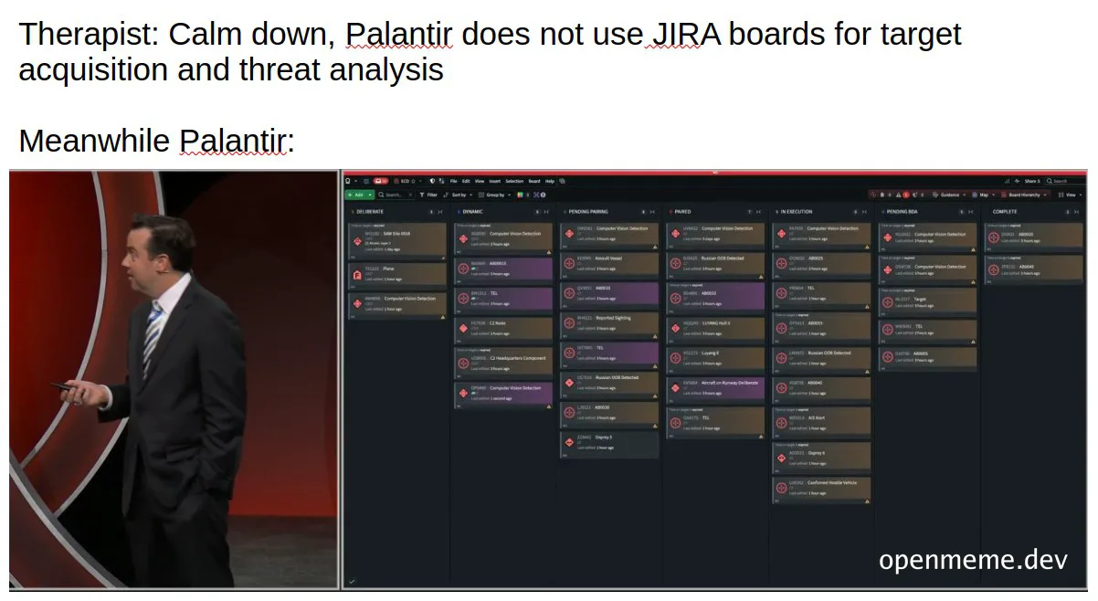 Humorous meme about Palantir using JIRA for target acquisition and threat analysis