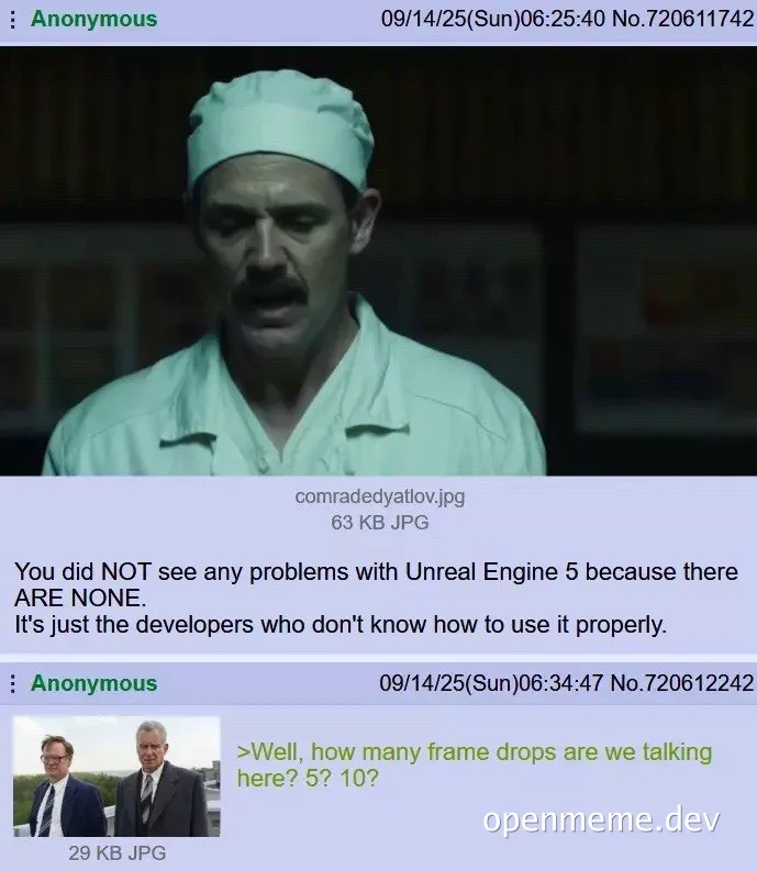 meme of a man in a medical uniform looking disapprovingly, with text about Unreal Engine 5 problems