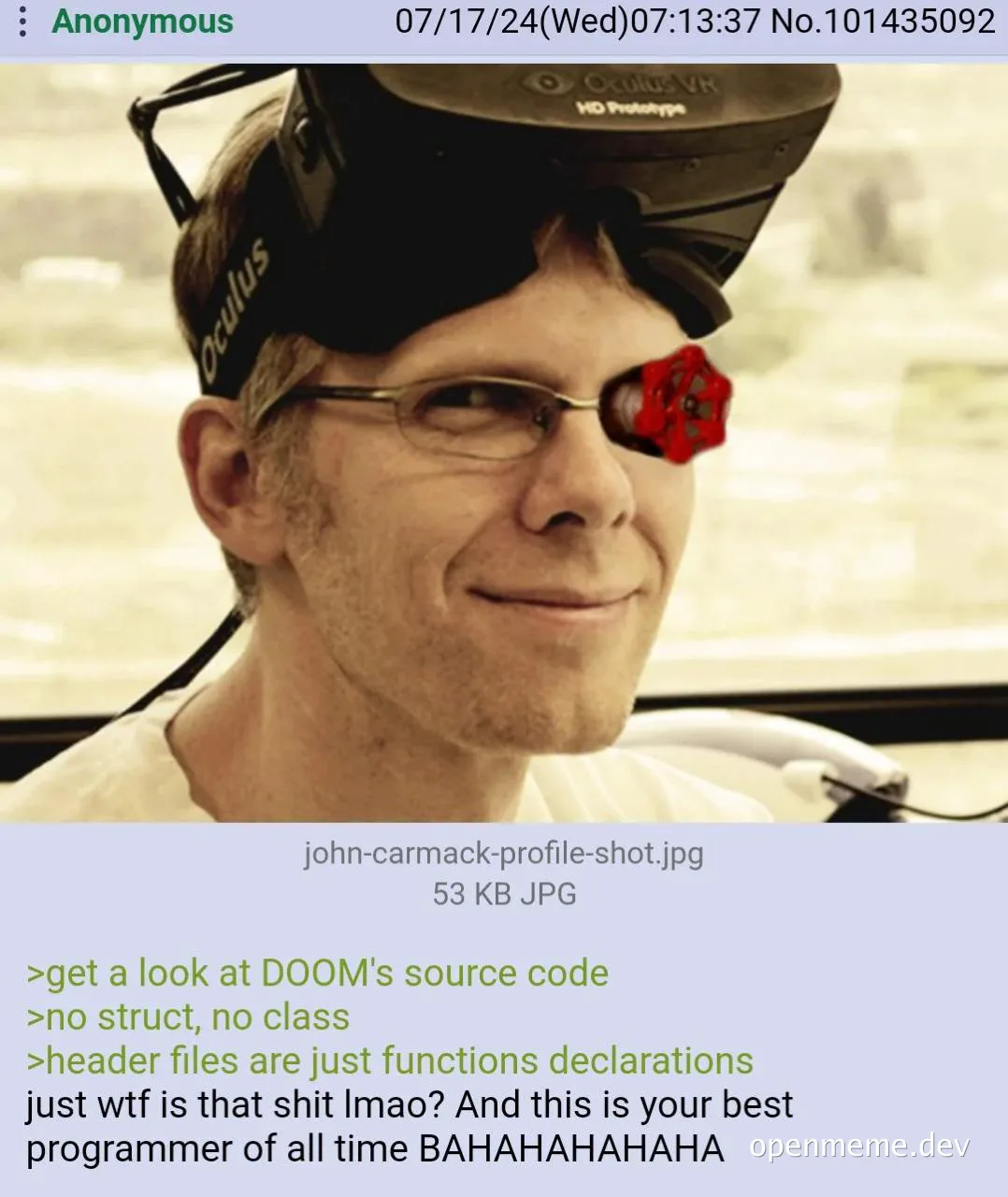 John Carmack wearing Oculus VR headset with a shocked expression