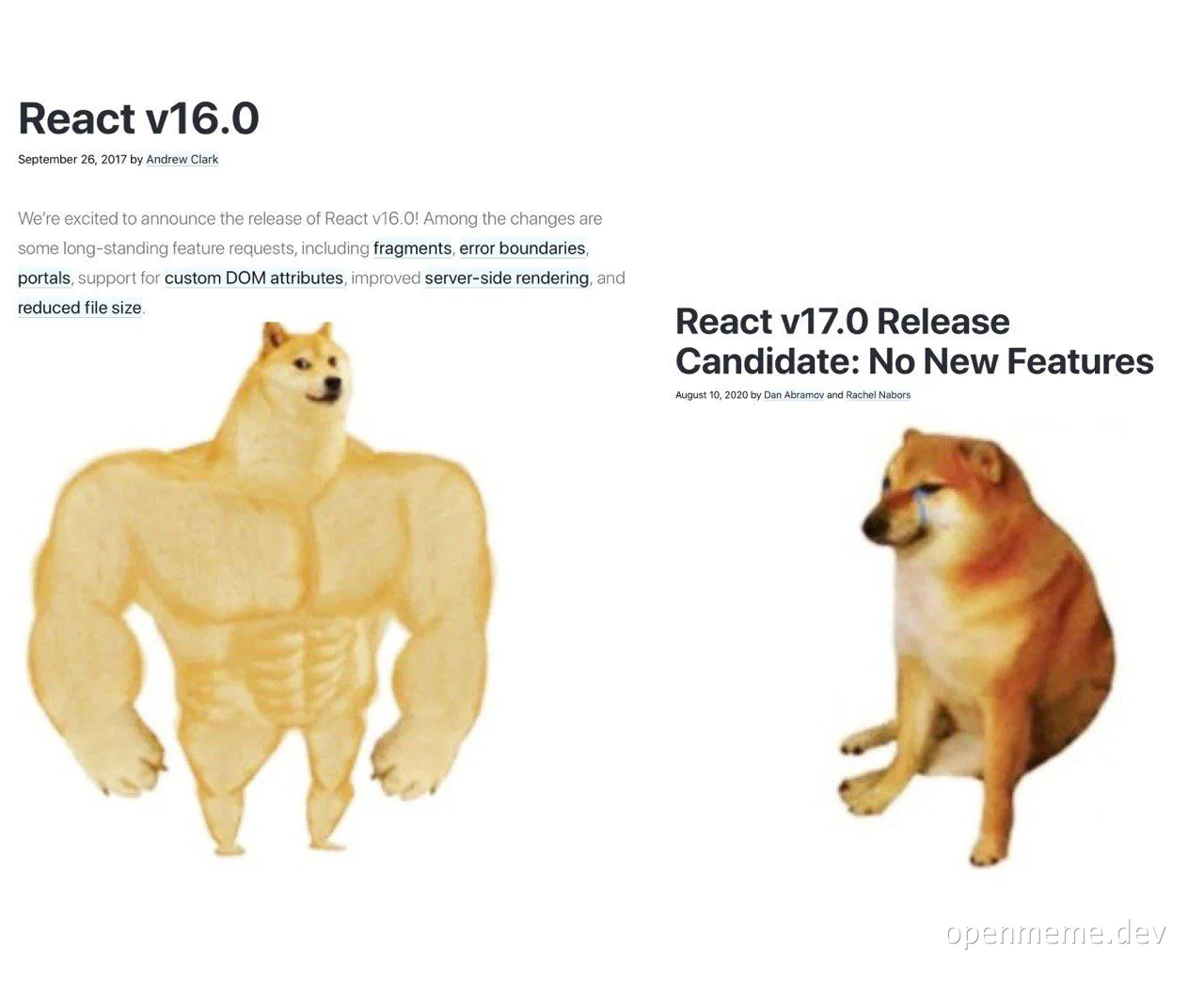 Doge with muscular body on the left and a sad doge on the right