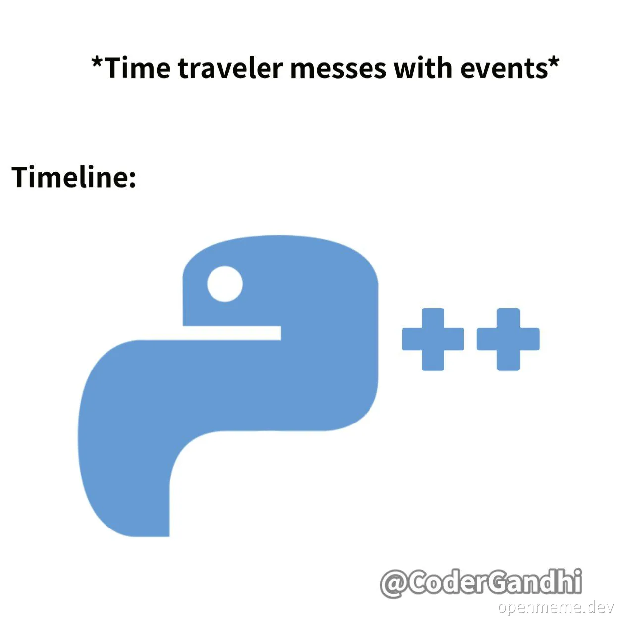 Python logo with a timeline and time travel joke