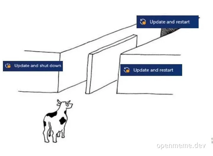 A cow looking up at a maze with update and restart or shutdown options