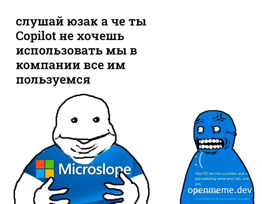 Two character meme: one wearing a Microslope t-shirt points at the other with a blue screen of death error message