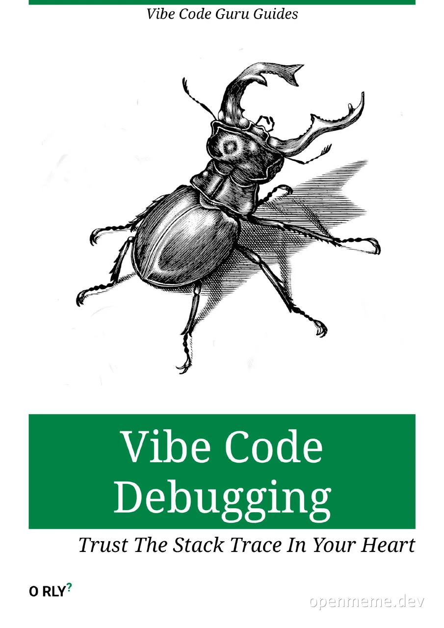Vibe Code Debugging meme with a beetle and the text 'Trust The Stack Trace In Your Heart'