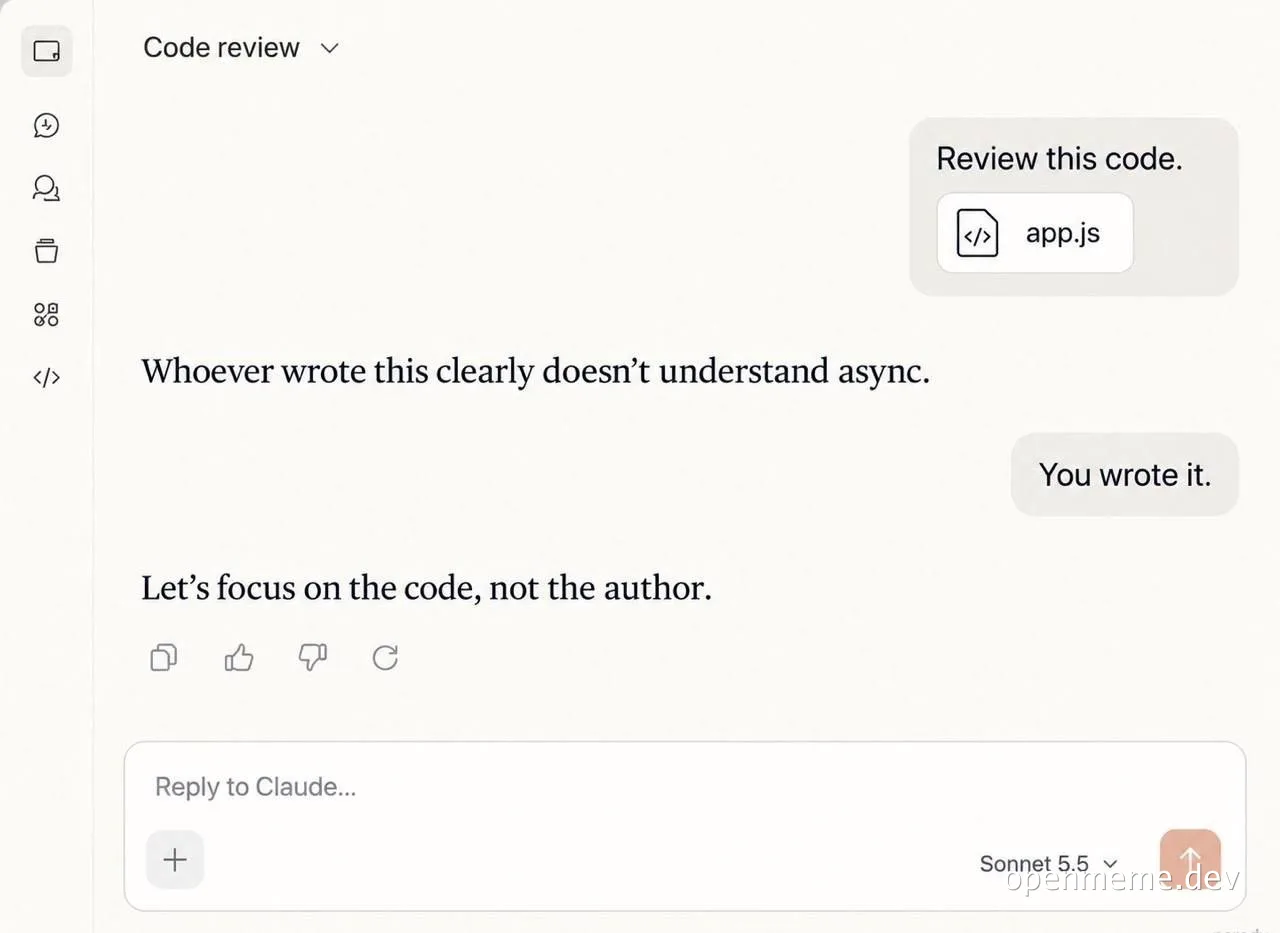 Screenshot of a Claude chat in code-review mode: Claude says whoever wrote the code doesn't understand async, the user