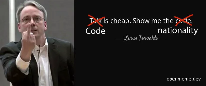 Linus Torvalds giving the finger with a quote about code and nationality