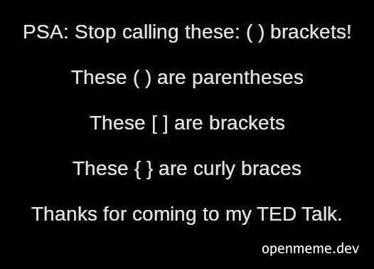 PSA about correct terminology for brackets, parentheses, and curly braces