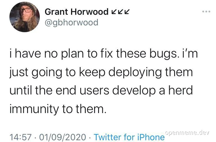 developer humorously remarking on deploying buggy code