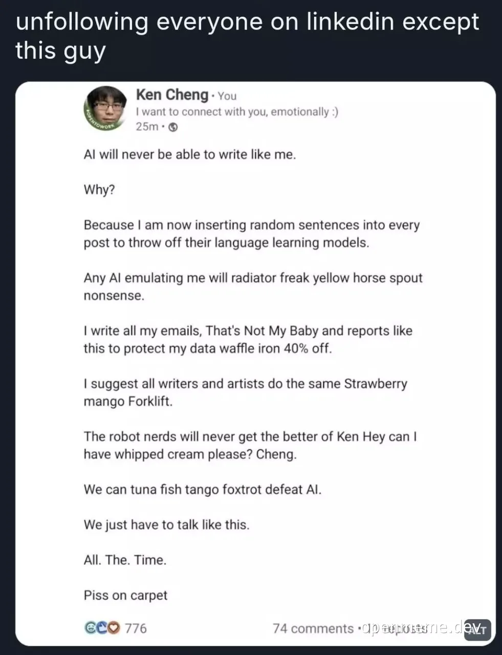 Humorous LinkedIn post about evading AI with nonsensical writing