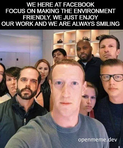 Mark Zuckerberg and Facebook employees with sarcastic smiles