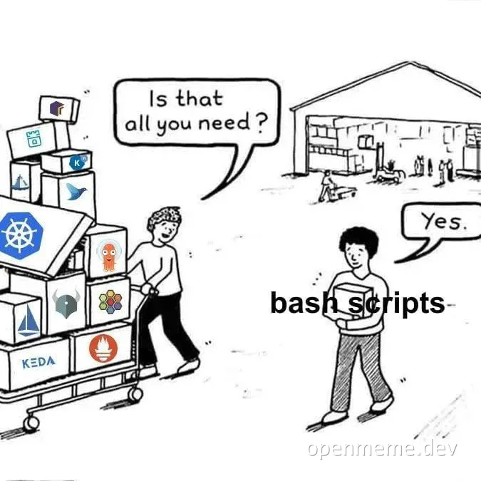 cartoon of two developers talking about software tools