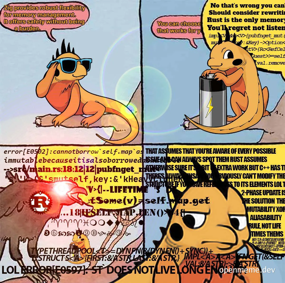 Zig vs Rust meme with Charmander