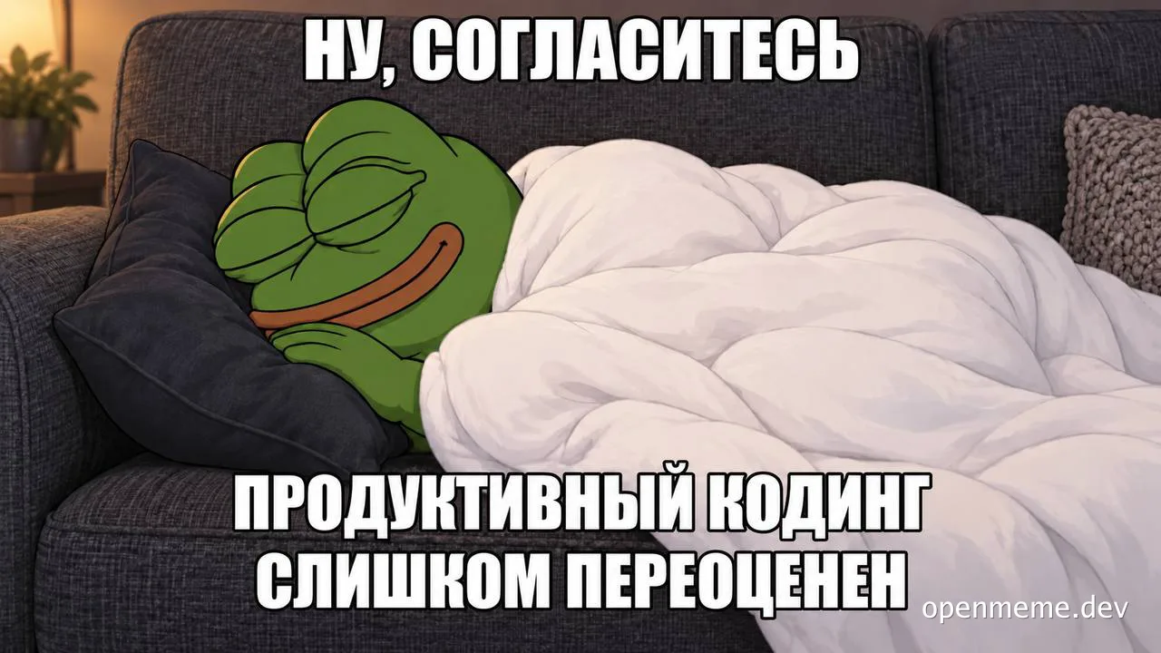 Pepe the Frog lying content on a couch tucked under a white duvet with a Russian caption saying productive coding is