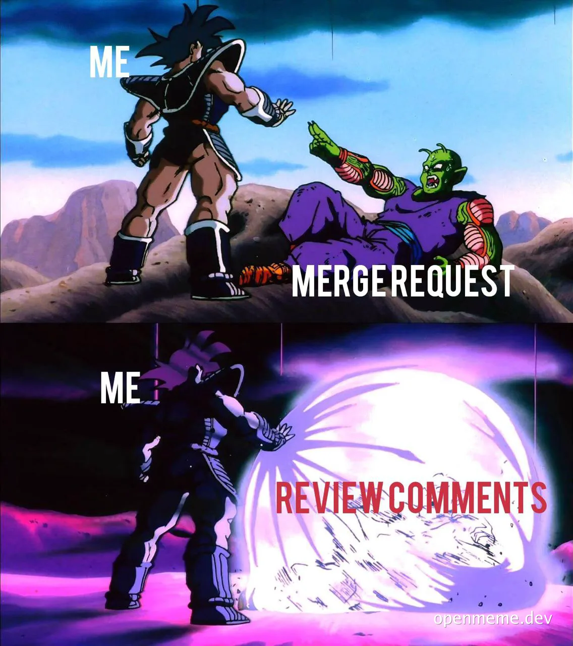 Dragon Ball Z meme of Goku kicking Frieza with text 'ME' and 'MERGE REQUEST', then Goku unleashing a powerful blast with text 'ME' and 'REVIEW COMMENTS'
