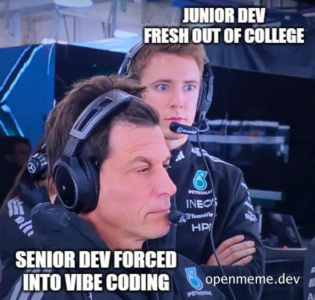 Meme of junior and senior developers with a racing vibe coding joke