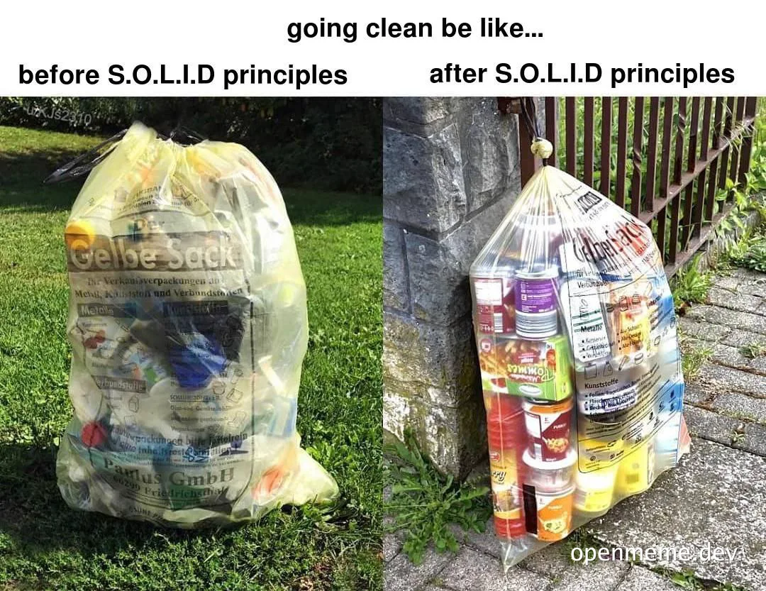 Two trash bags, one messy and one organized, labeled before and after S.O.L.I.D principles