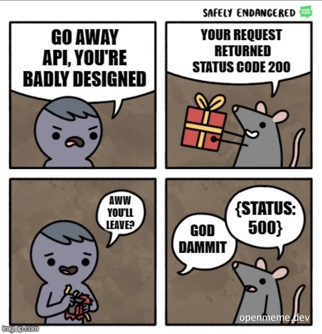 cartoon character rejecting api then getting angry at status 500