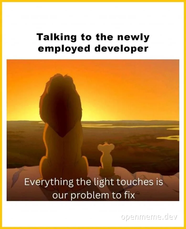 Lion and cub looking out at sunset with text 'Talking to the newly employed developer Everything the light touches is our problem to fix'
