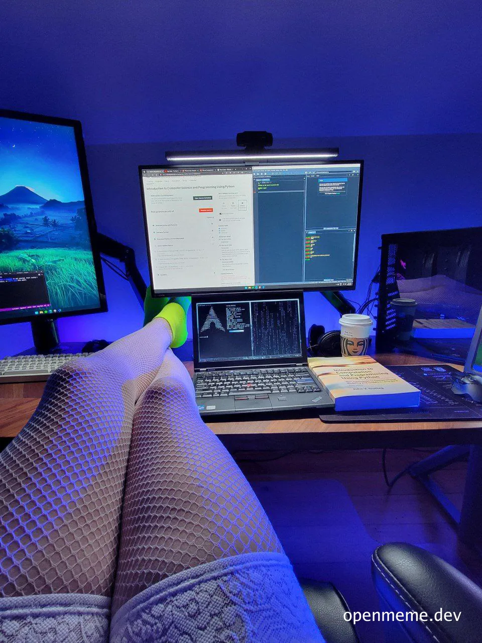 a woman's legs in fishnet stockings on her desk in front of computer screens