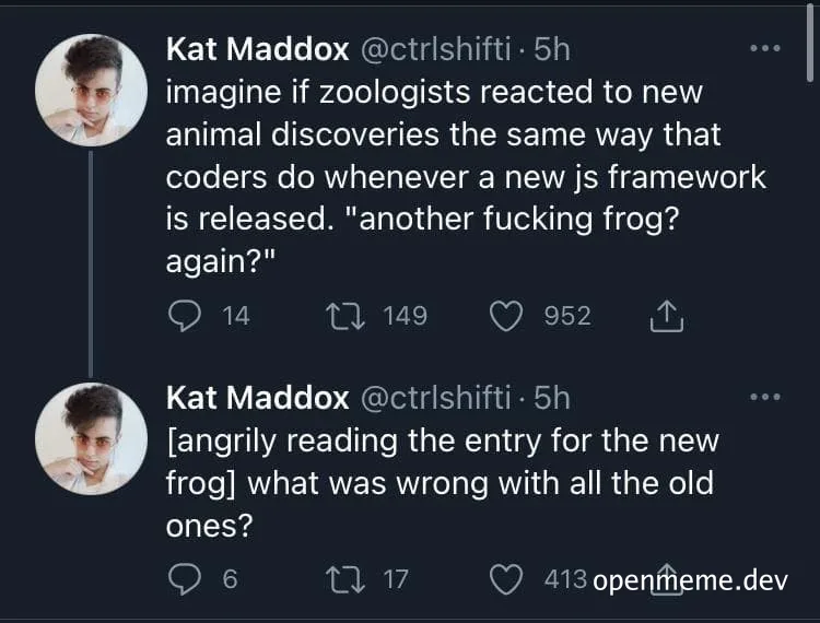 a humorous meme comparing zoologists and coders reactions to new discoveries and js frameworks