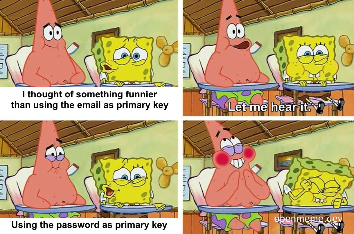 SpongeBob and Patrick Star meme about using password as primary key