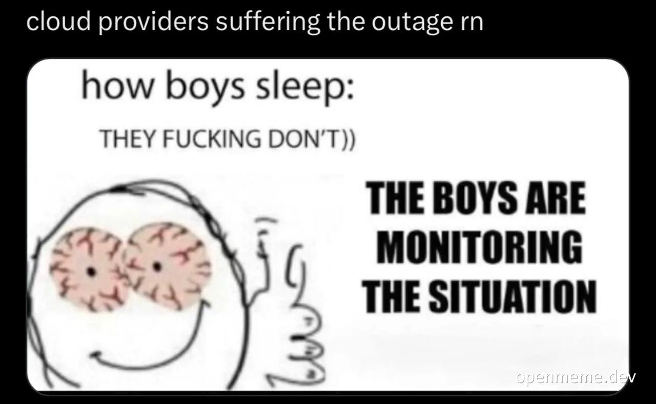 a meme about cloud providers suffering an outage with a drawing of a person with a smug expression and brains visible