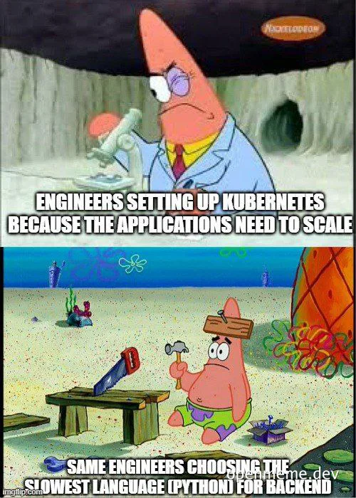 SpongeBob SquarePants meme about engineers setting up Kubernetes and choosing Python for backend