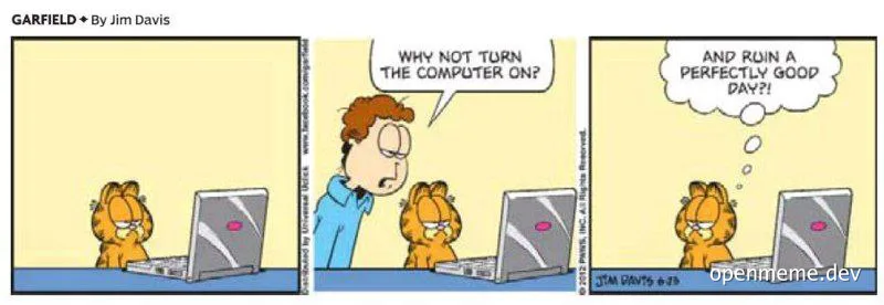 Garfield comic strip about turning on the computer