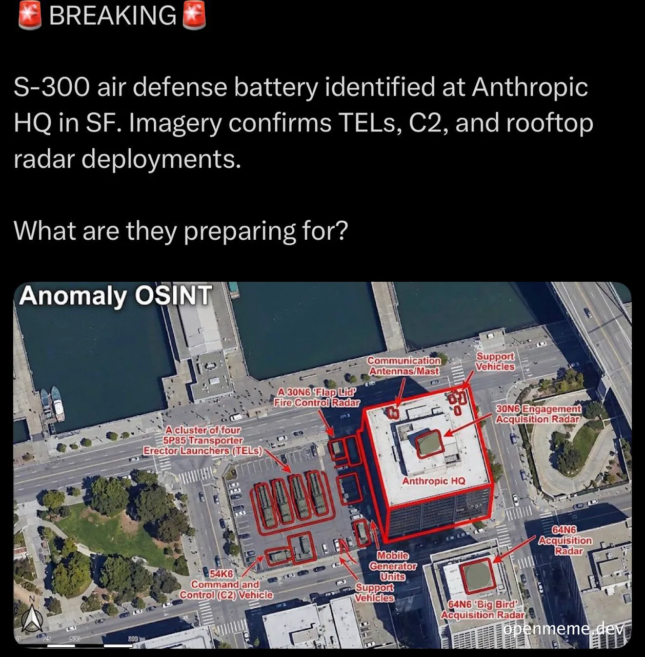 Satirical satellite image with red outlines labeling S-300 air defense equipment at Anthropic HQ
