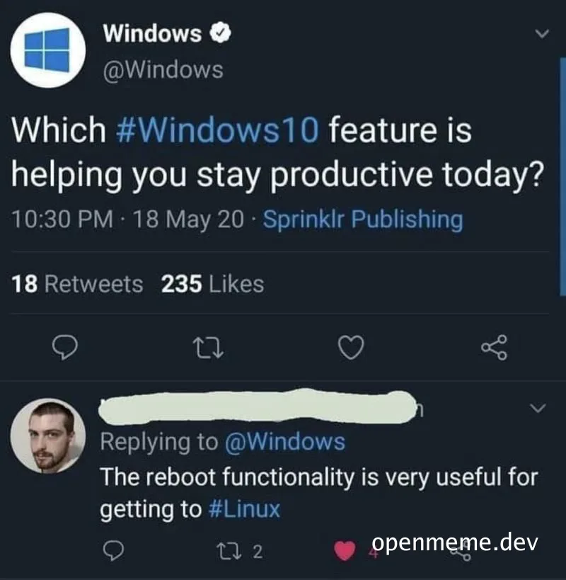 Windows 10 feature tweet with reply about reboot functionality and Linux