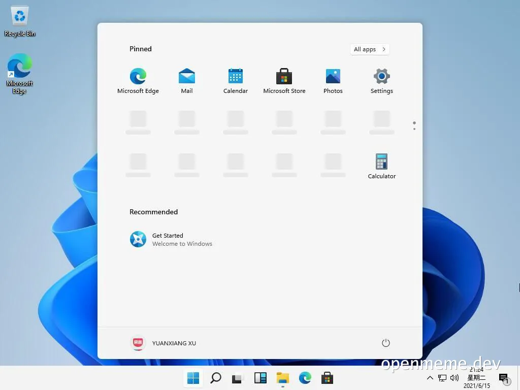 Windows desktop screenshot with Pinned and Recommended apps