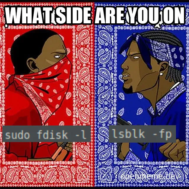 Devs choosing between sudo fdisk -l and lsblk -fp