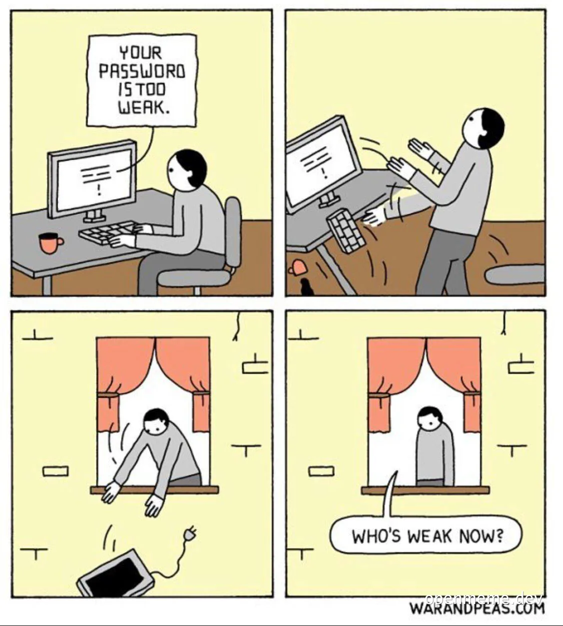 Cartoon of a man reacting to a computer error message about a weak password