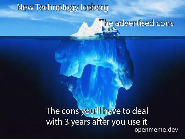 New Technology Iceberg meme with an iceberg representing advertised versus real cons of new tech