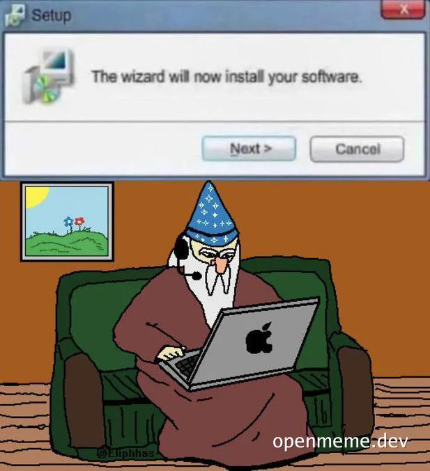 A cartoon wizard wearing a headset sits on a couch typing on a MacBook, with a Windows setup dialog box above him saying 'The wizard will now install your software.'
