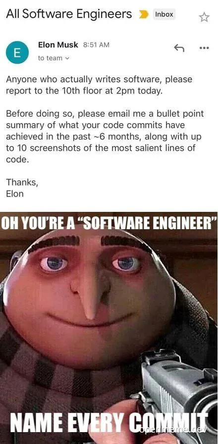 Elon Musk meme about software engineers and code commits