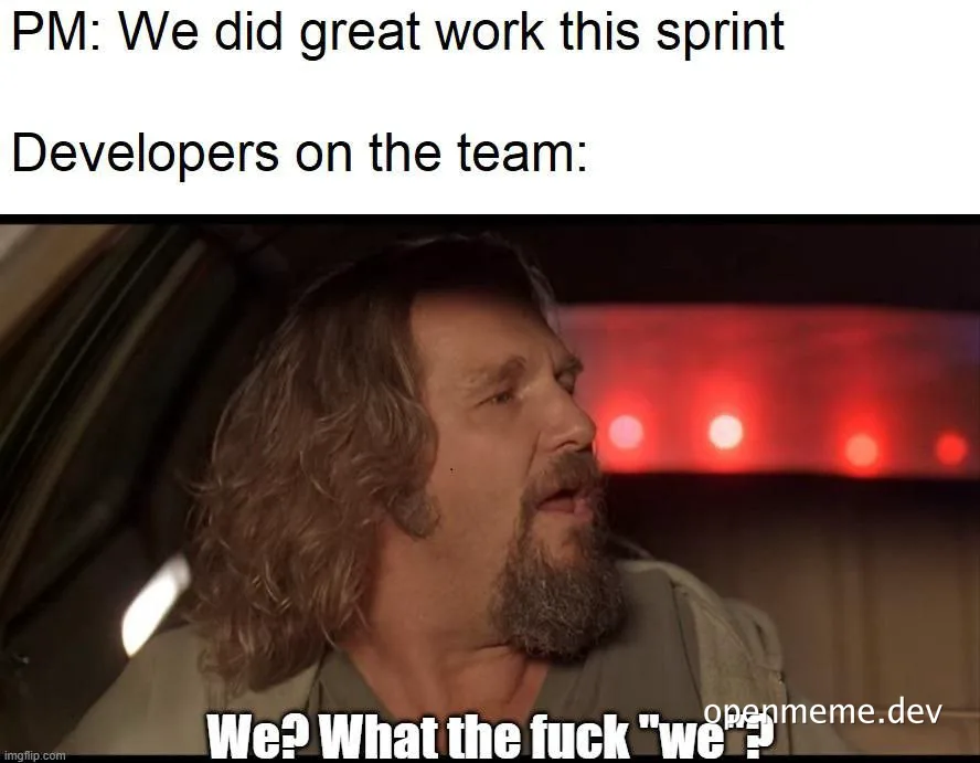 The Dude looks confused and says 'We? What the f**k we?'