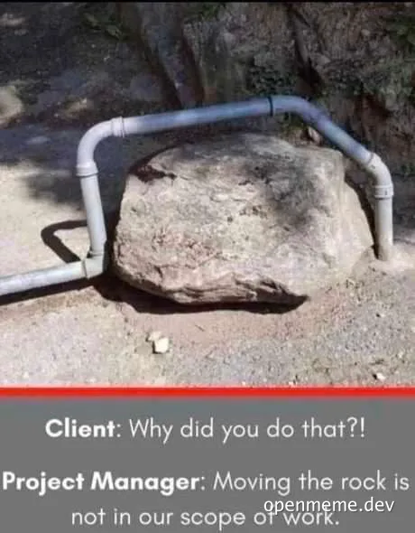 A pipe routed around a large boulder with text explaining that moving the rock was not in the project scope.