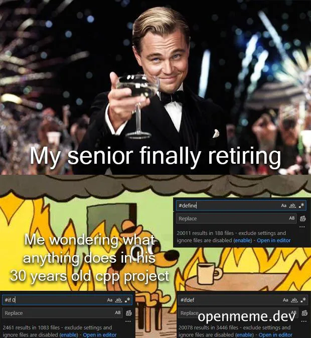 Leonardo DiCaprio toasting with a glass of wine and a confused cartoon character looking at old C++ project code