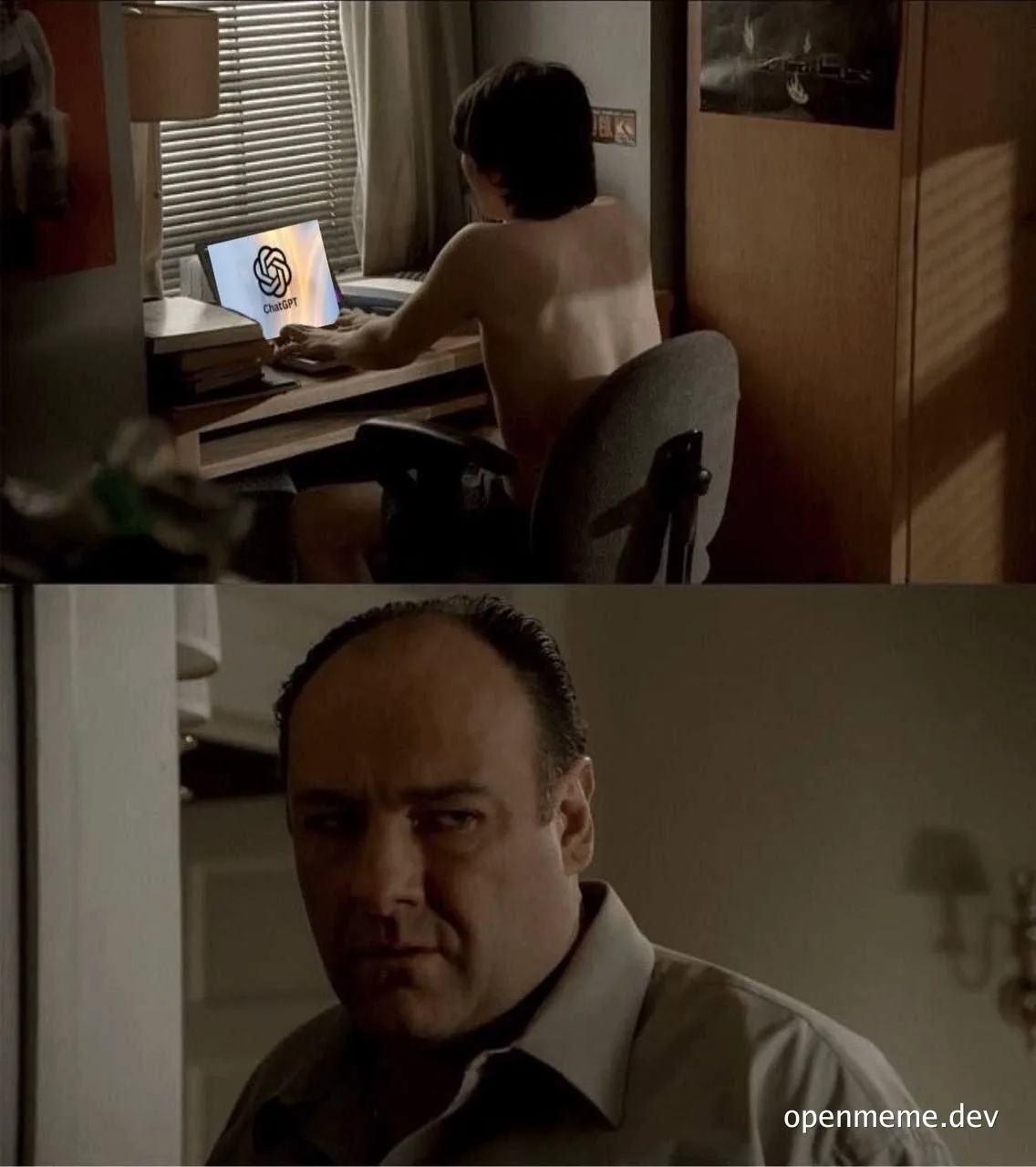Tony Soprano looking disapprovingly at someone using ChatGPT naked