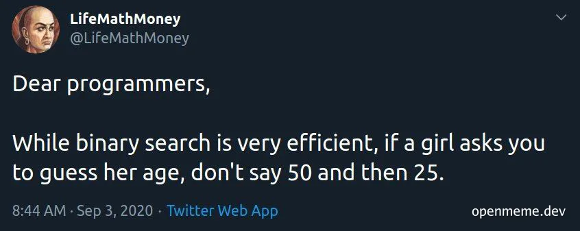 programmer dating joke about binary search