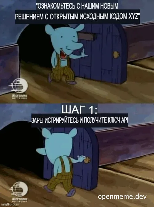 russian cartoon character looking at small door with text about open source solution and api key