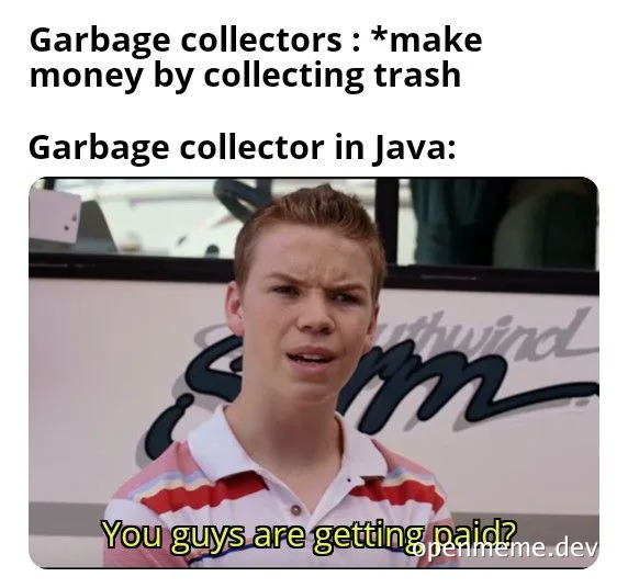 Garbage collector meme comparing trash collectors to Java garbage collectors