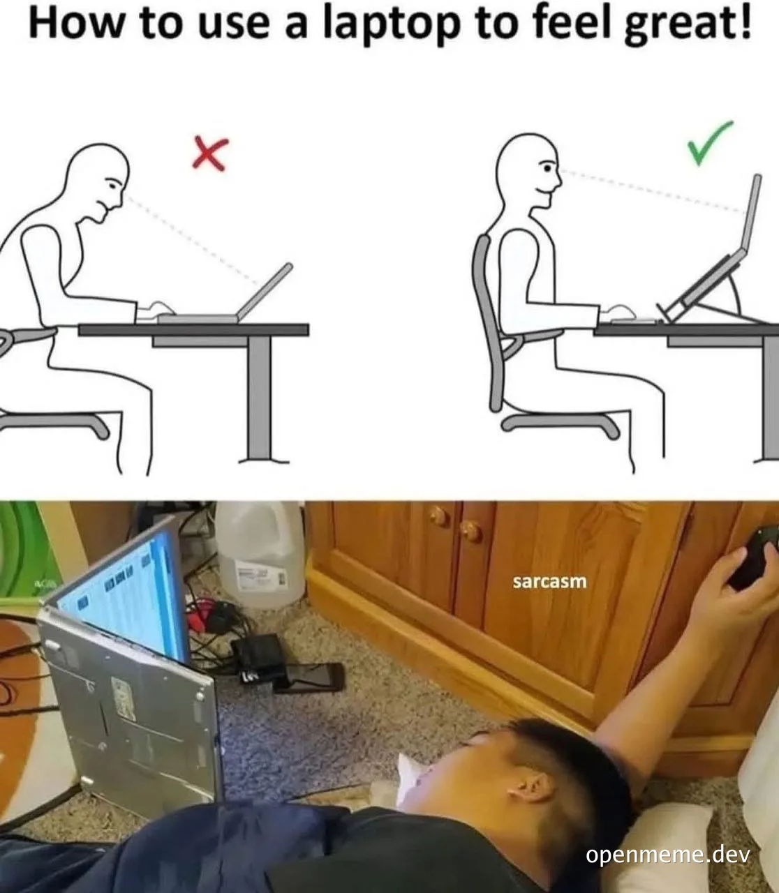 Humorous meme about proper laptop posture