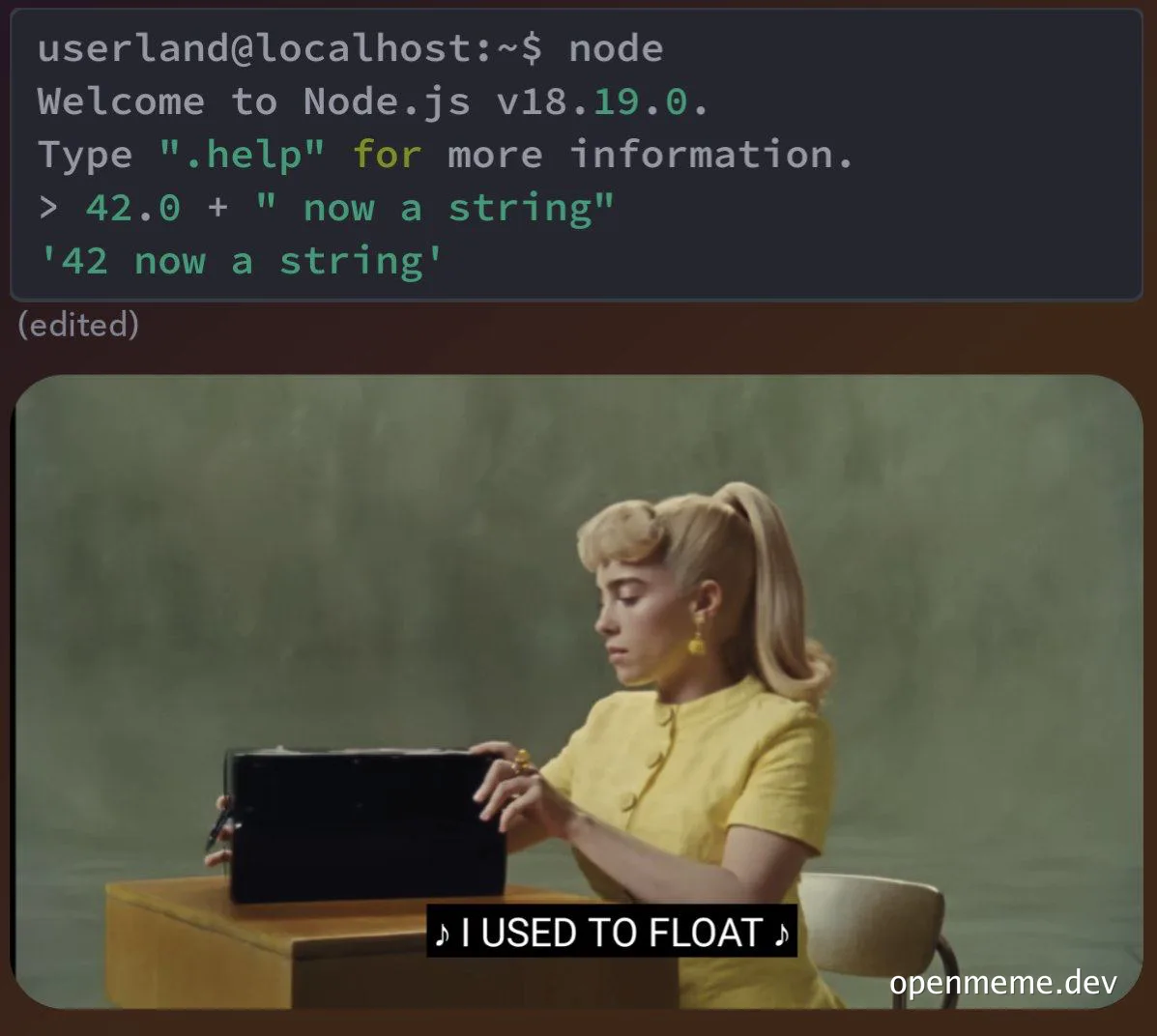 Ariana Grande sitting at a desk with a laptop, looking surprised, with a Node.js terminal in the background.