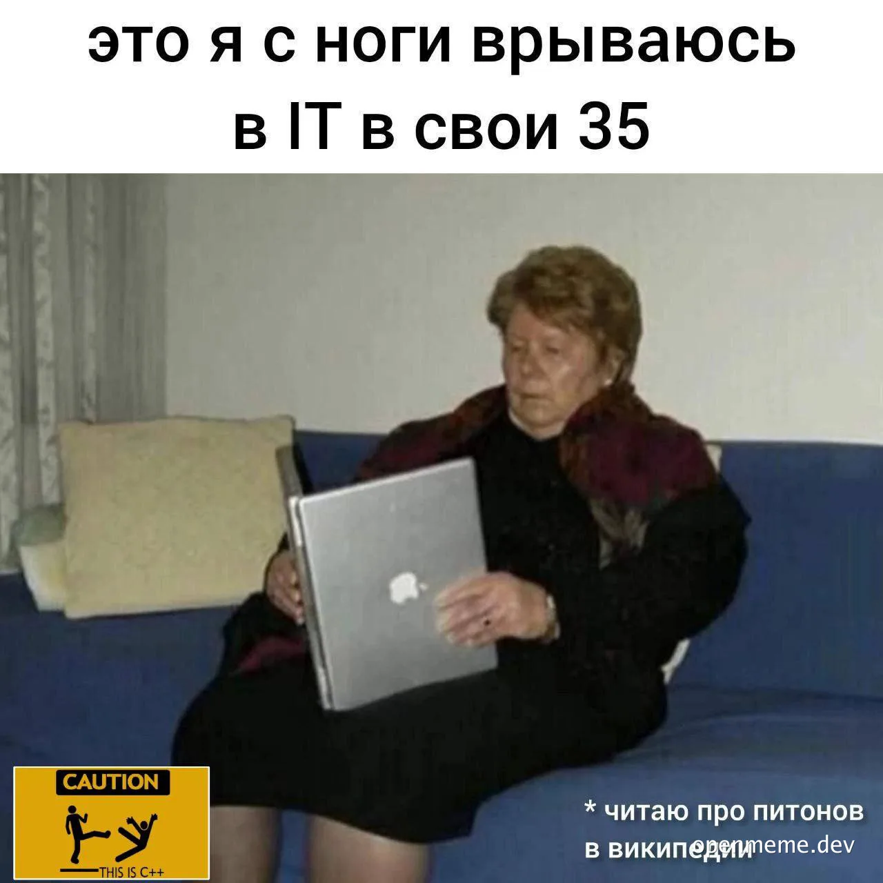 An older woman excitedly reading about Python on Wikipedia on her laptop