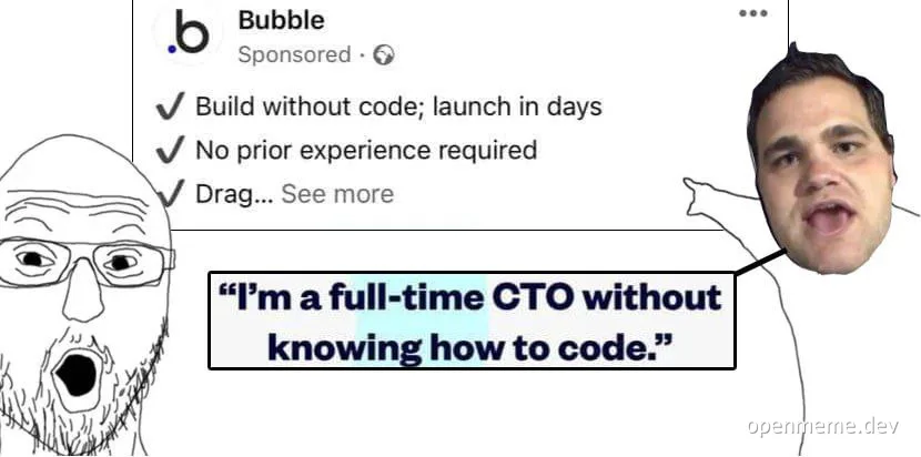Distraught CTO meme with shocked face and 'I'm a full-time CTO without knowing how to code'
