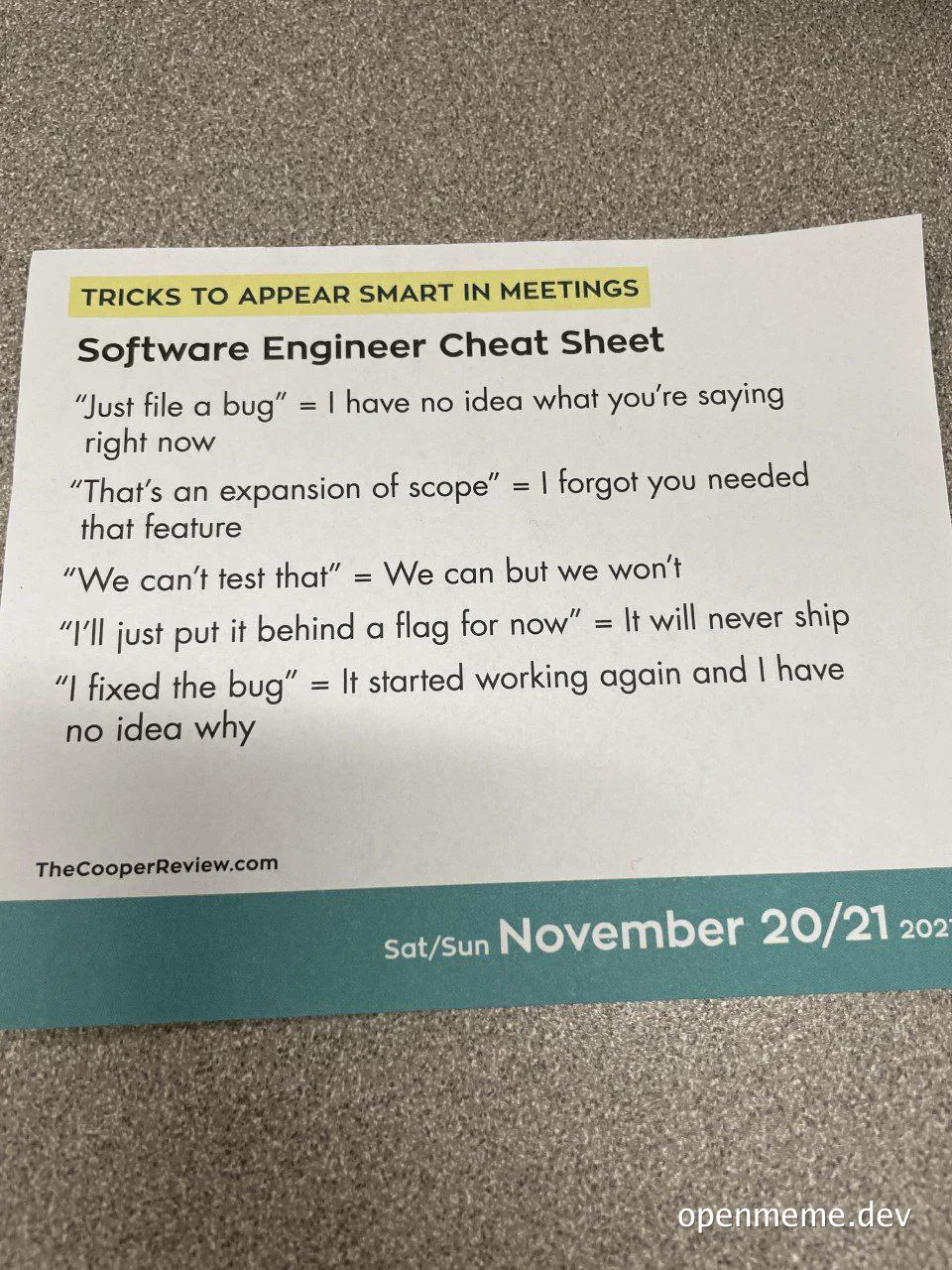 Tricks to appear smart in meetings software engineer cheat sheet