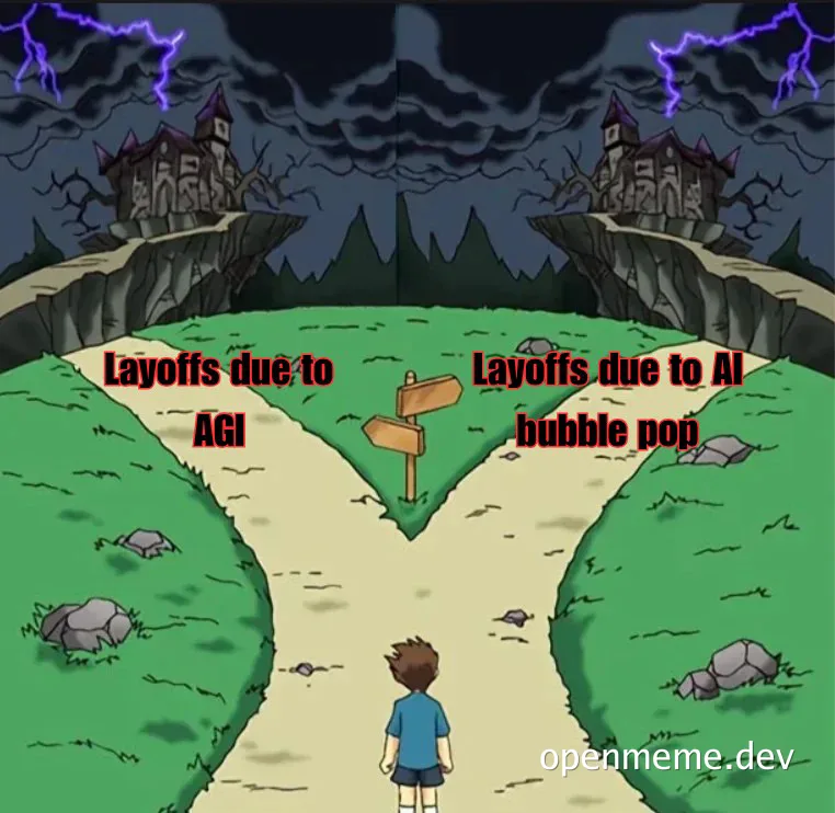 Cartoon character standing at a fork in the road, both paths leading to a dark castle on a cliff under lightning; left path labeled 'Layoffs due to AGI', right path labeled 'Layoffs due to AI bubble pop'